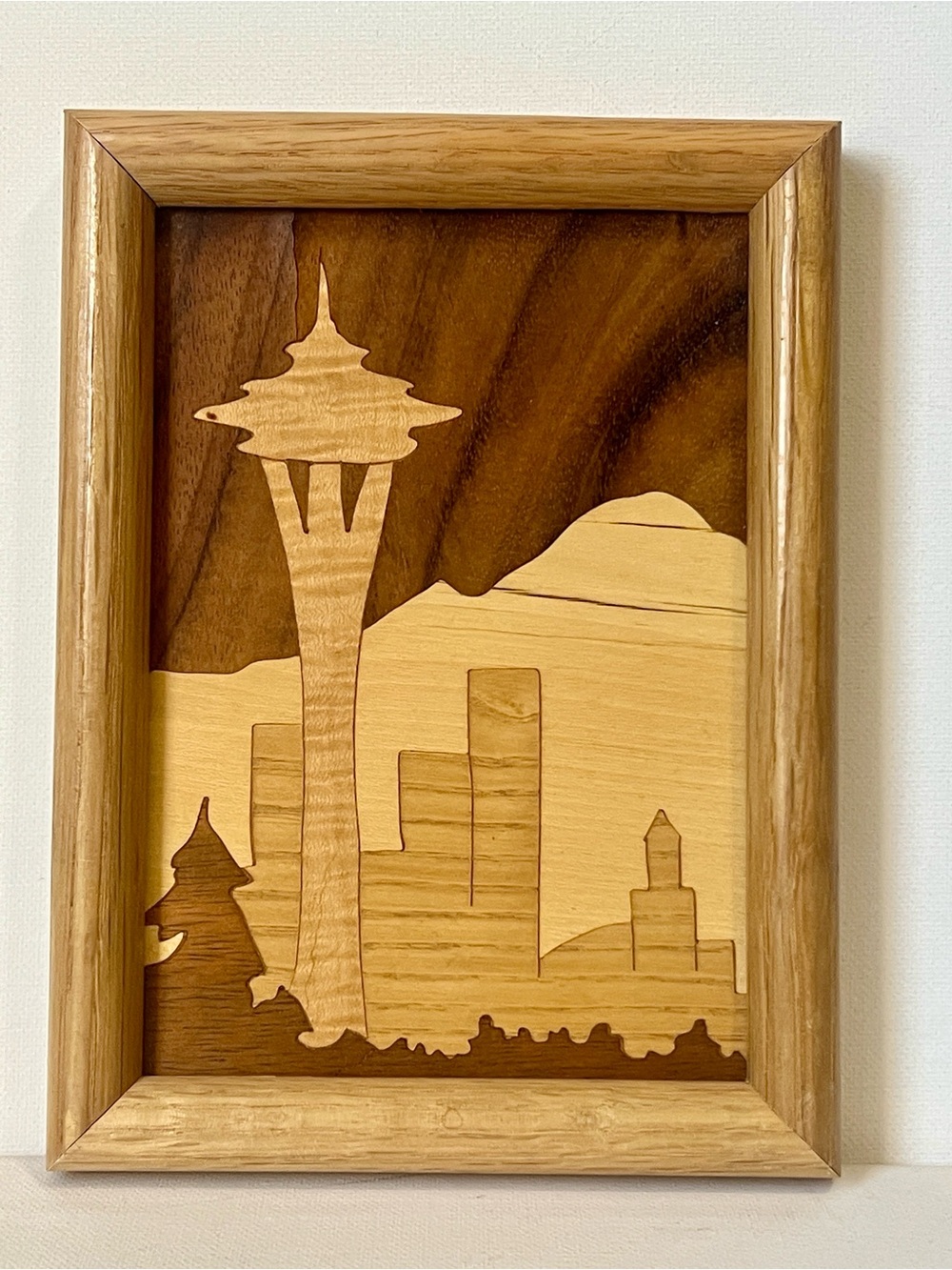 Vintage Pacific Marquetry Handcrafted Wooden Inlay Art - Seattle Skyline